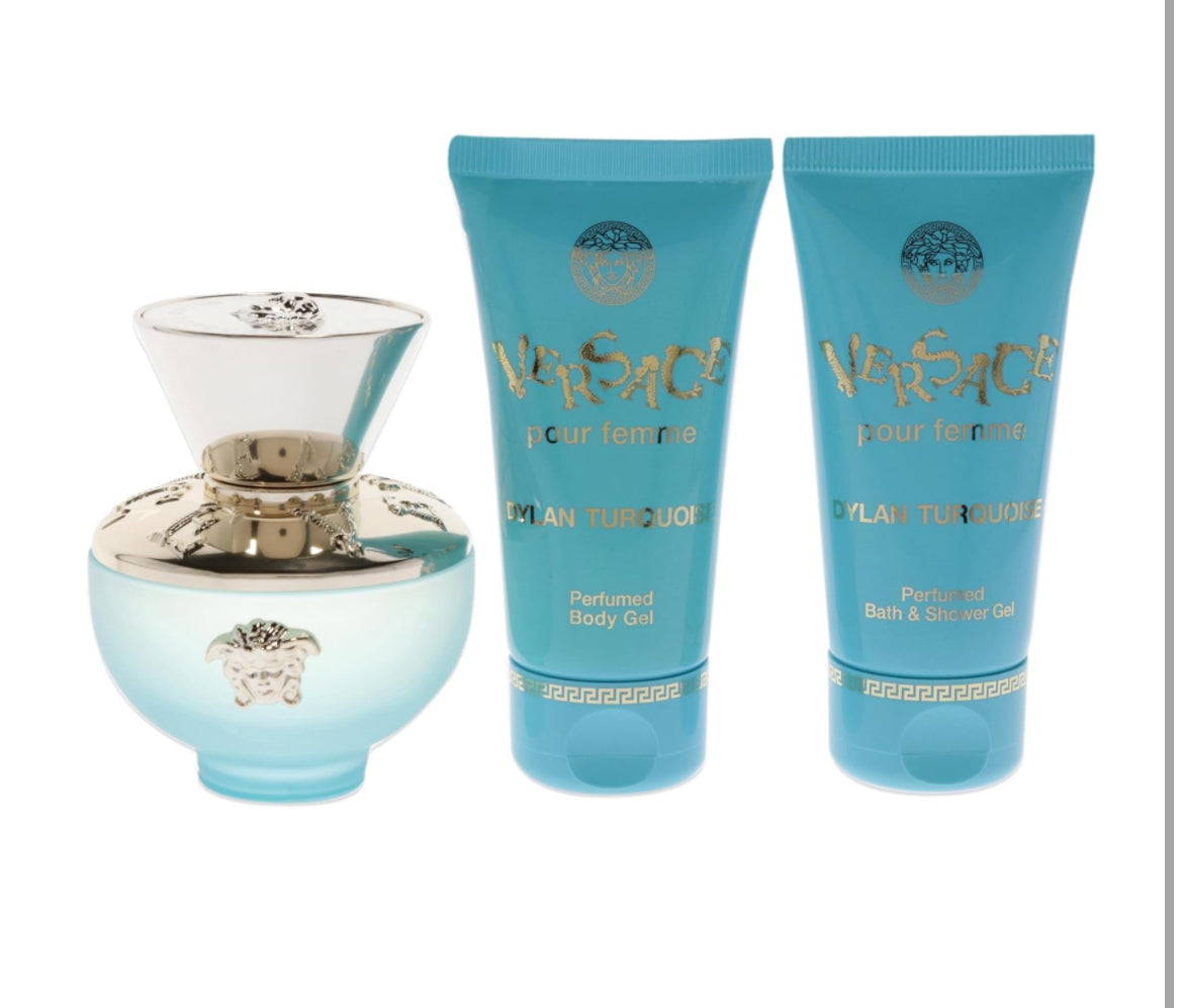Versace Dylan Turquoise 1.7oz EDT Spray, 1.7oz Perfumed Body Gel, 1.7oz Bath and Shower Gel Women 3 Pc Gift Set