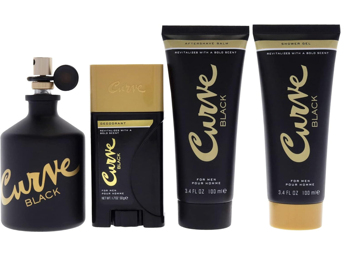 Curve Black 4.2oz EDC Spray, 3.4oz After Shave Balm, 3.4oz Shower Gel, 1.7oz Deodrant Spray Men 4 Pc Gift Set
